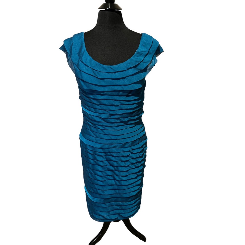 Adrianna Papell Sz 12 Teal Tiered Boho Neck Ruffle Knee Length Cocktail Dress
